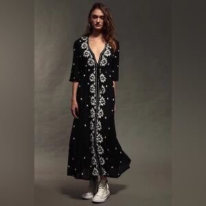 Free people fable midi embroidered floral dress‎ size small in black
